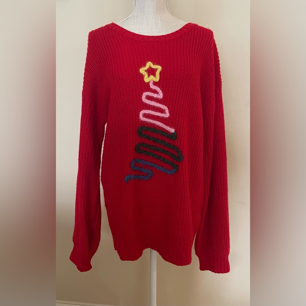 EUC Red Christmas Tree Lurex Embroidery Sweater. Size Medium.🎄